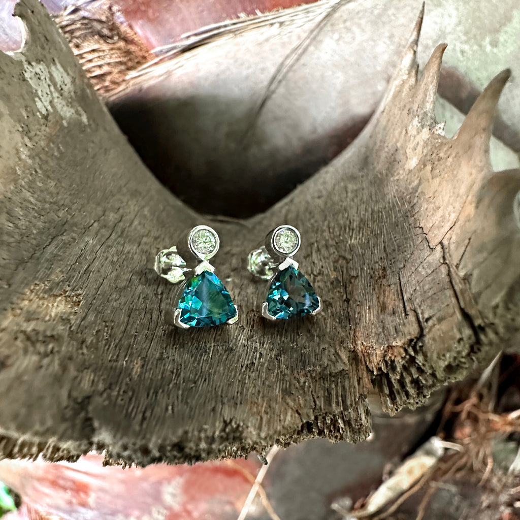 Sublime Trilliant London Blue Topaz Studs with Bezel Set White Diamond Highlight