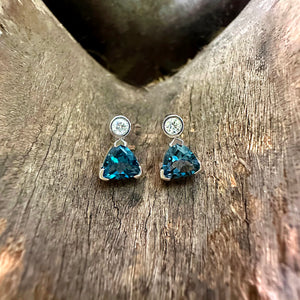 Sublime Trilliant London Blue Topaz Studs with Bezel Set White Diamond Highlight