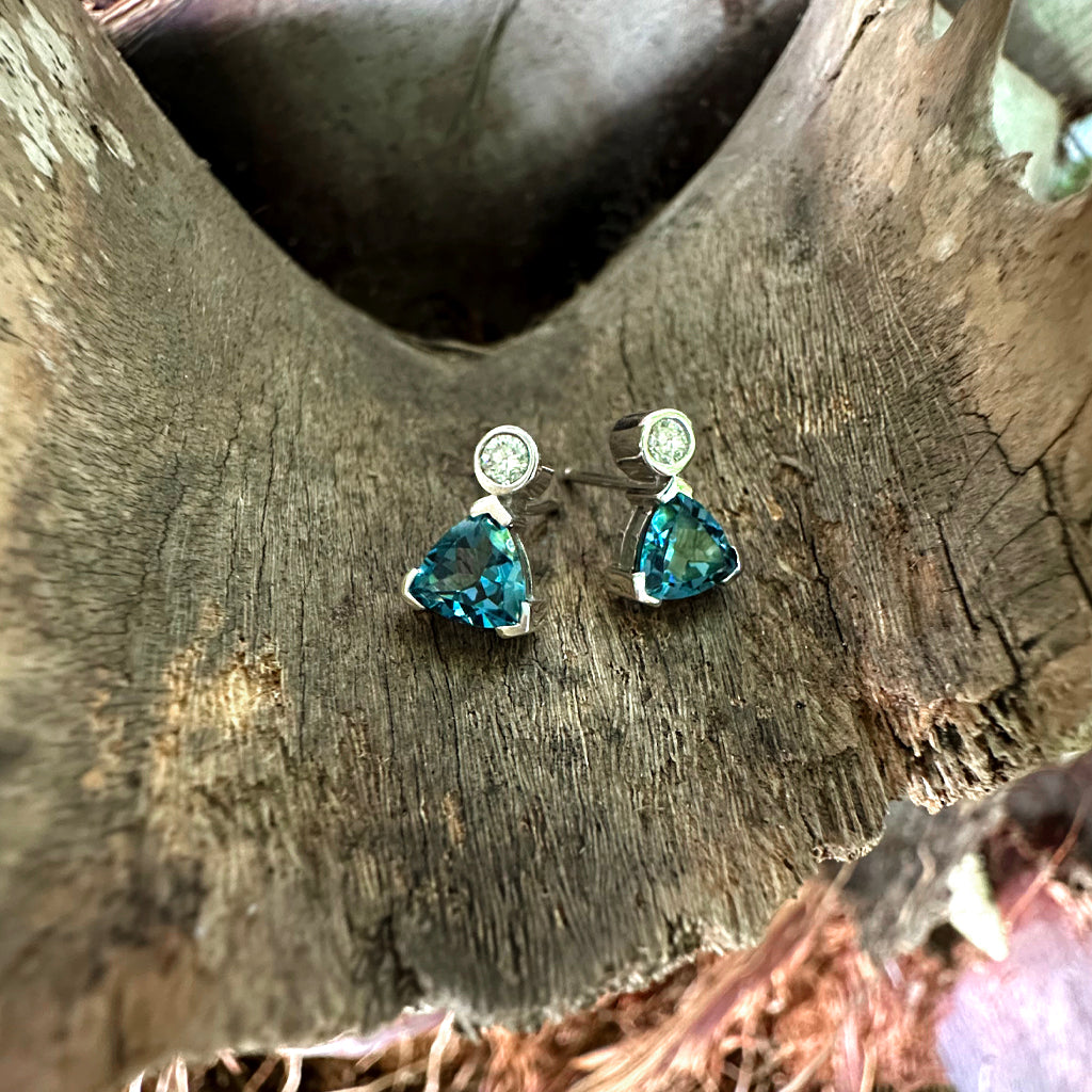 Sublime Trilliant London Blue Topaz Studs with Bezel Set White Diamond Highlight