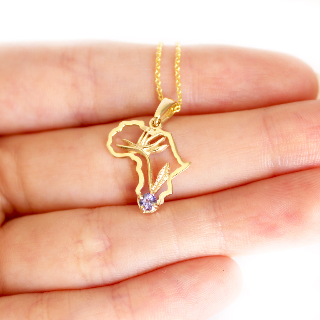 Tanzanite Africa Map Bird of Paradise Yellow Gold Pendant