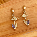 Strelitzia Bird of Paradise Yellow Gold and Tanzanite Earrings