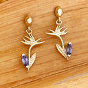 Strelitzia Bird of Paradise Yellow Gold and Tanzanite Earrings
