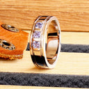 Tanzanite Trio Gold Bar and Geometric Groove Band White Gold Ring