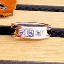 Tanzanite Trio Gold Bar and Geometric Groove Band White Gold Ring