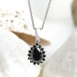 Black Diamond pear cut pendant with black diamond halo