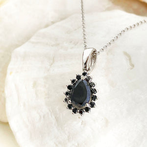 Black Diamond pear cut pendant with black diamond halo