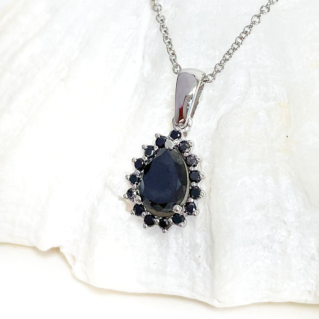 Black Diamond pear cut pendant with black diamond halo