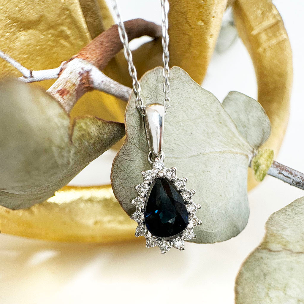 The Perfect Pear Cut Teal Sapphire and Diamond Halo White Gold Pendant