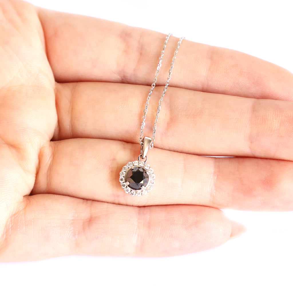 The Perfect Round Cut Black Diamond Pendant with White Diamond Halo