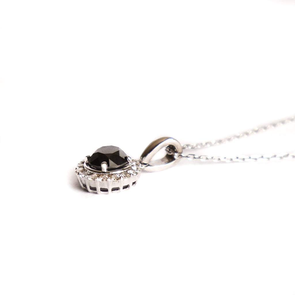 The Perfect Round Cut Black Diamond Pendant with White Diamond Halo