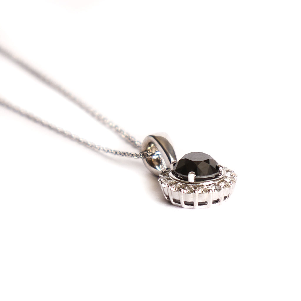 The Perfect Round Cut Black Diamond Pendant with White Diamond Halo