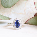 Timeless Blue Sapphire and Diamond Halo Filigree Detail White Gold Ring