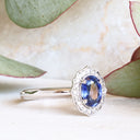 Timeless Blue Sapphire and Diamond Halo Filigree Detail White Gold Ring
