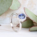 Timeless Blue Sapphire and Diamond Halo Filigree Detail White Gold Ring