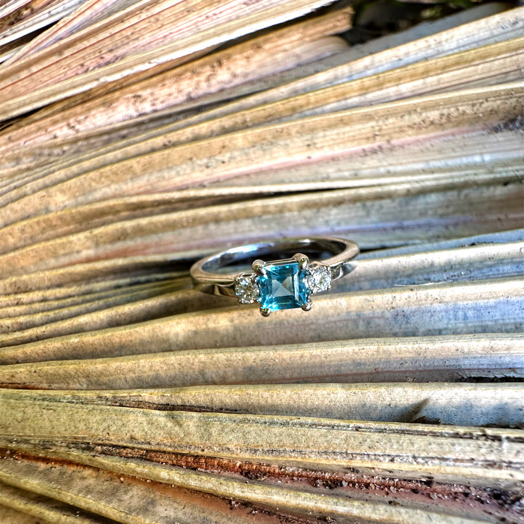 Timeless Square Cut Blue Topaz With Diamond Accent Ring