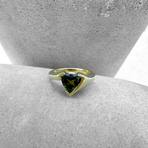 Trilliant Cut Green Tourmaline with Twisted Yellow Gold Band