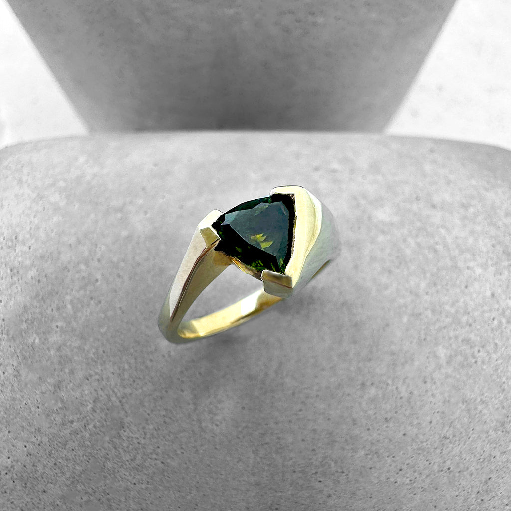 Trilliant Cut Green Tourmaline with Twisted Yellow Gold Band