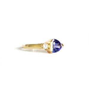 Trilliant Cut Tanzanite with Singular Diamond Accent Yellow Gold Ring