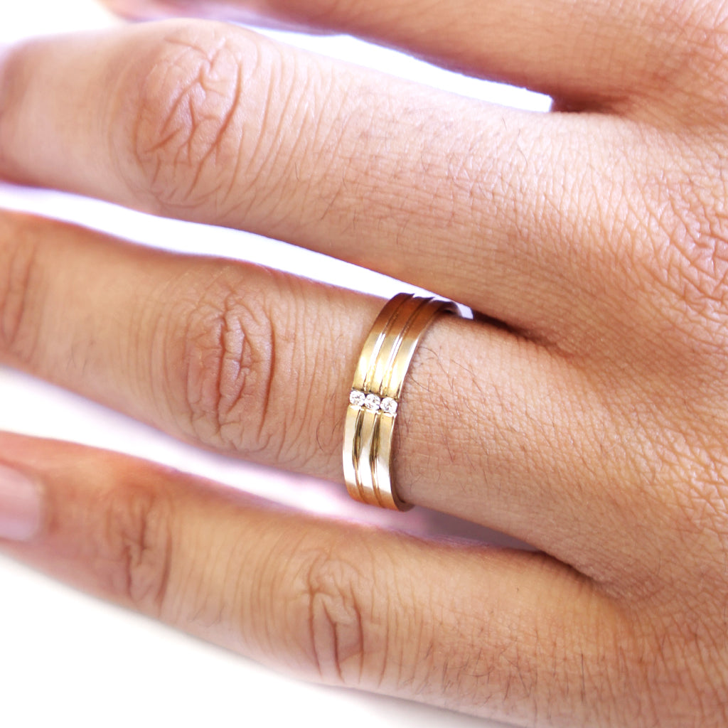 Triple Groove Trilogy Diamond Yellow Gold Band