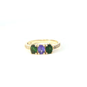 Diamond Shoulder Tsavorite and Tanzanite Yellow Gold Ring