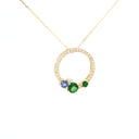 Stunning Multi Tanzanite and Tsavorite Gemstone Cluster Diamond Halo Yellow Gold Pendant