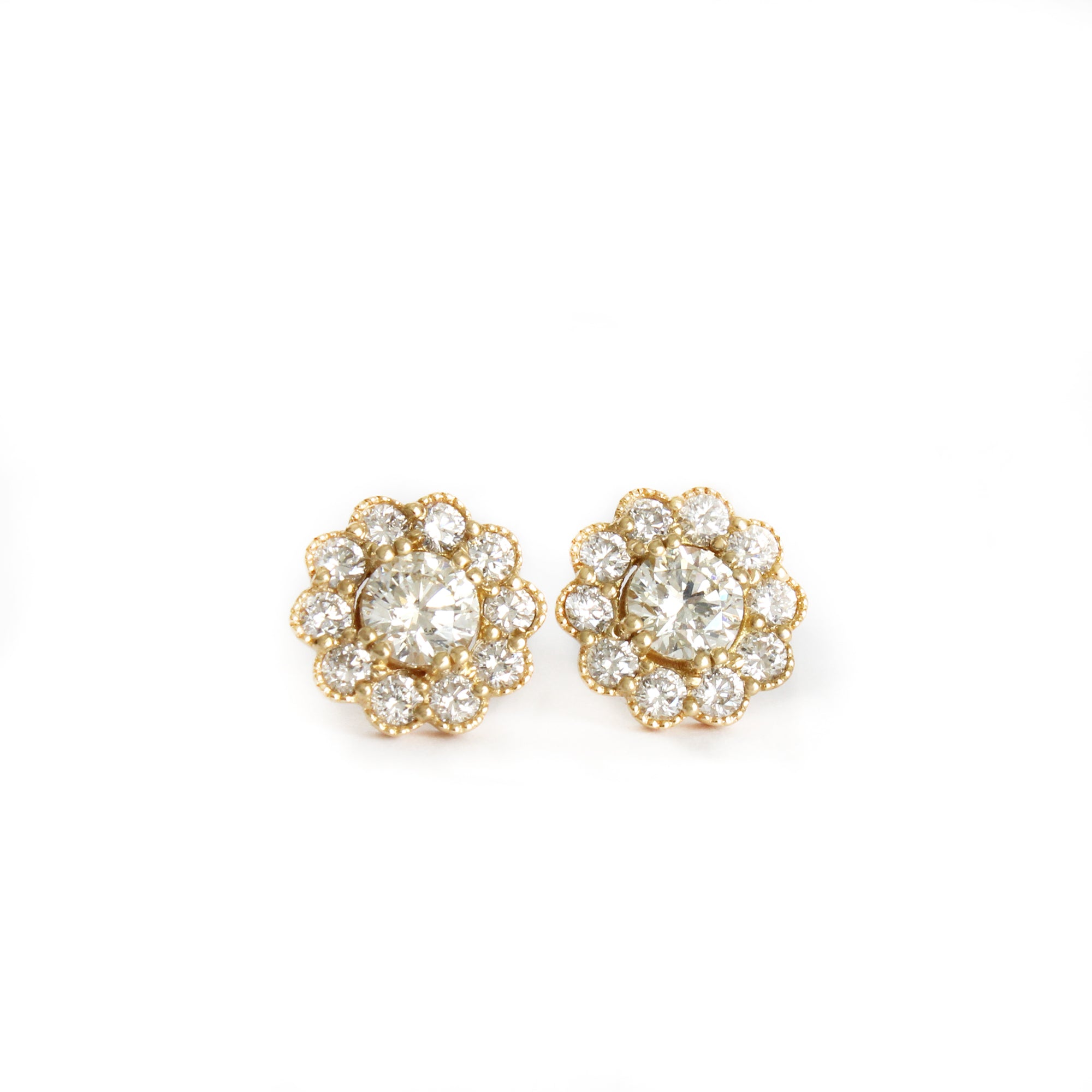 Vintage Inspired Floral White Diamond Yellow Gold Earrings