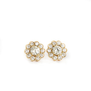 Vintage Inspired Floral White Diamond Yellow Gold Earrings