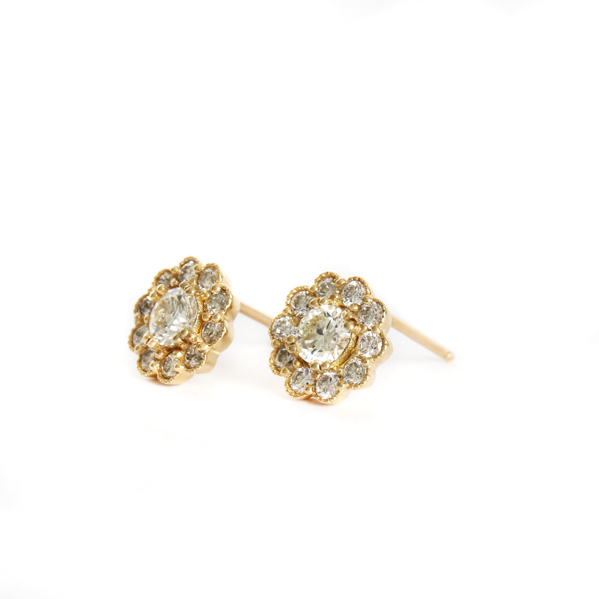 Vintage Inspired Floral White Diamond Yellow Gold Earrings