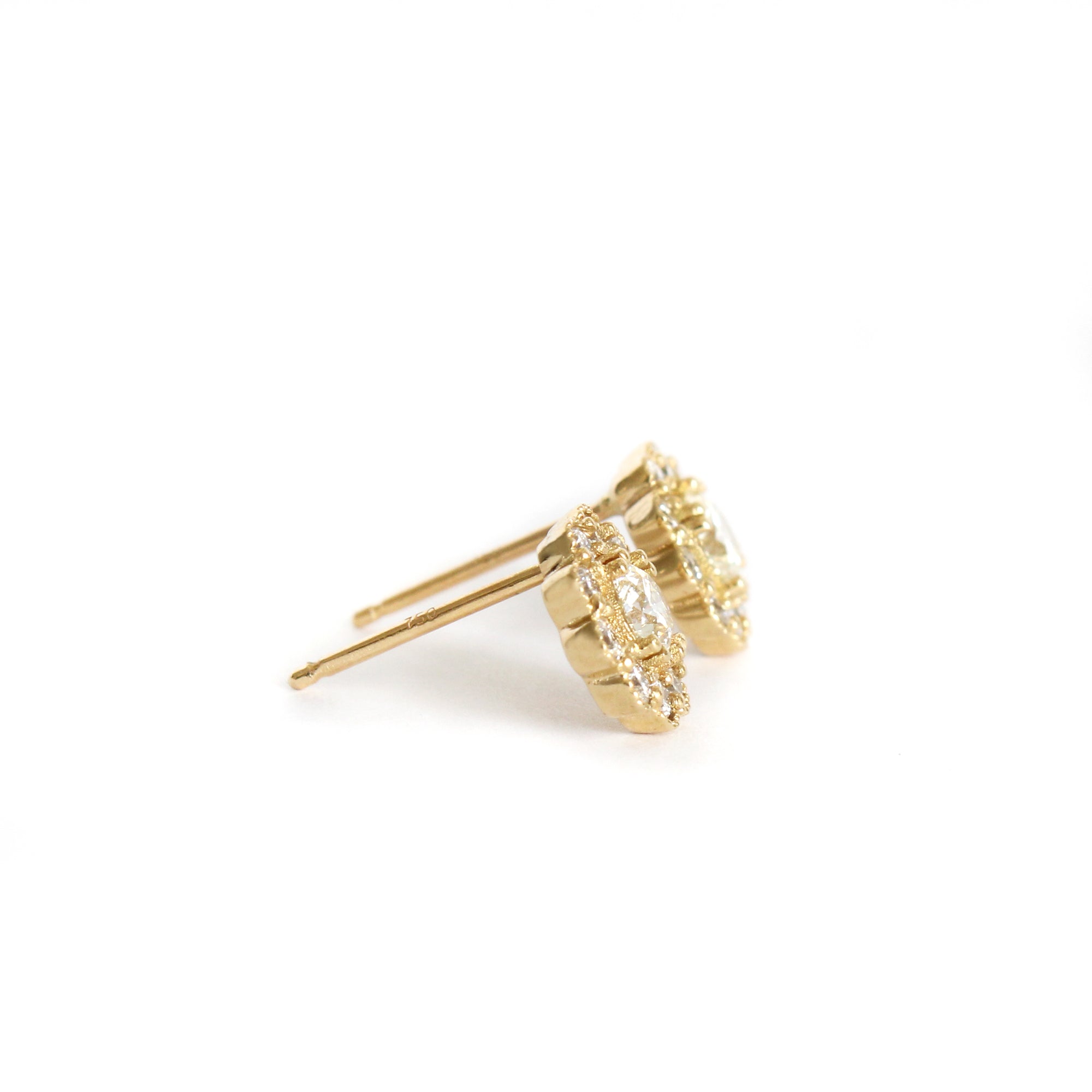 Vintage Inspired Floral White Diamond Yellow Gold Earrings