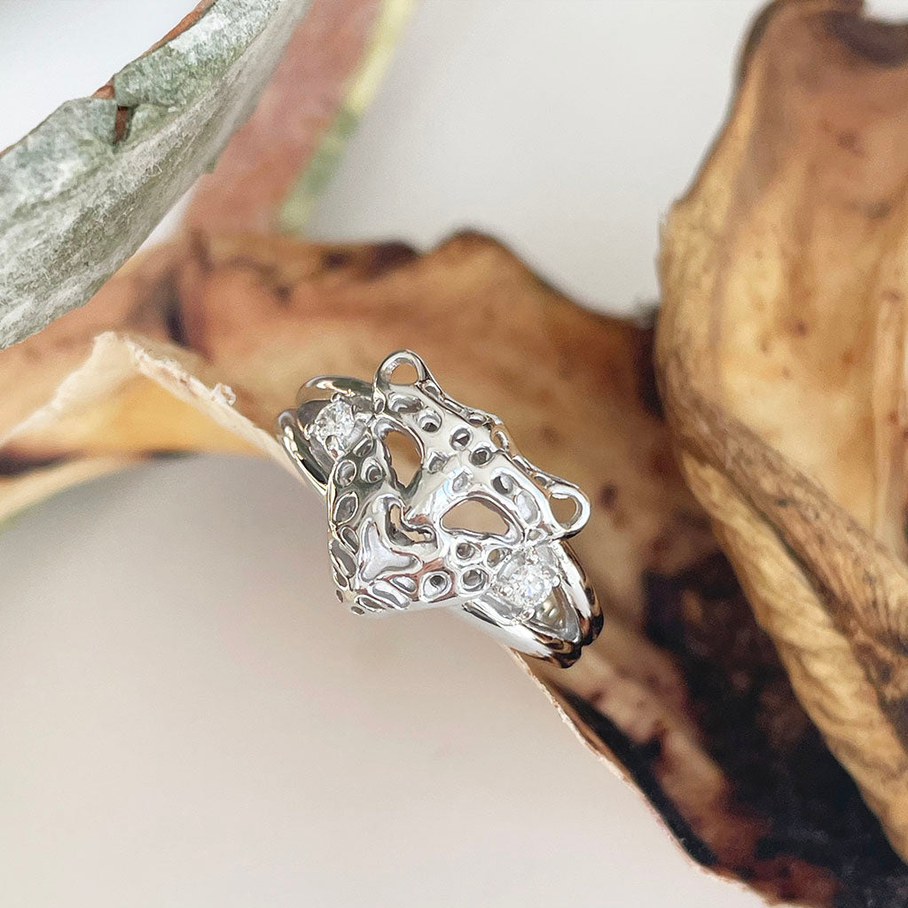 White Gold Leopard Head Ring with Diamond Accents