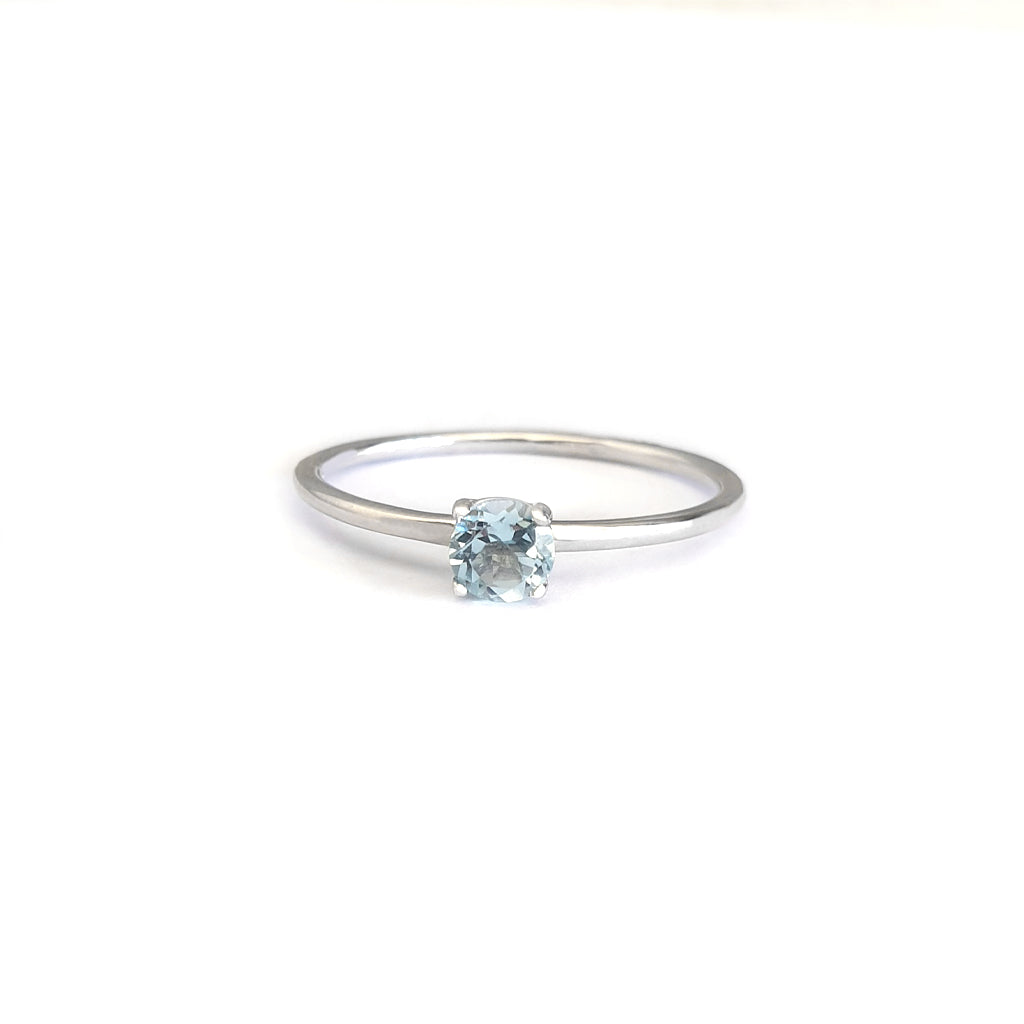 White Gold Raised Four Claw Aquamarine Stacking Ring