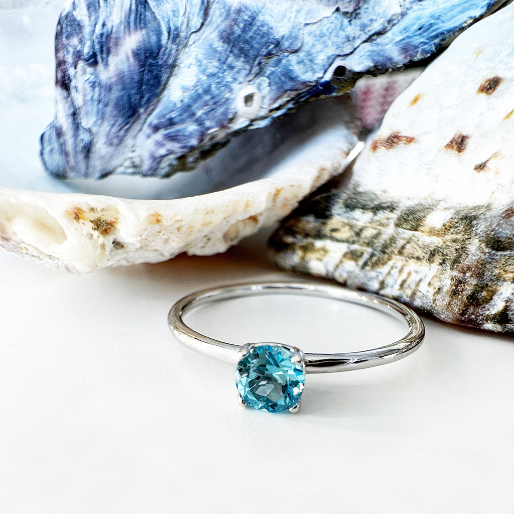 White Gold Raised Four Claw Blue Topaz Stacking Ring