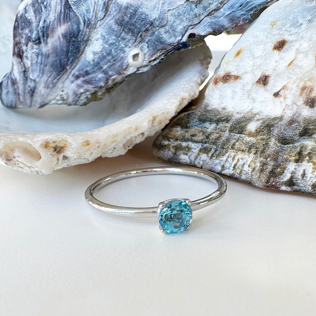 White Gold Raised Four Claw Blue Topaz Stacking Ring