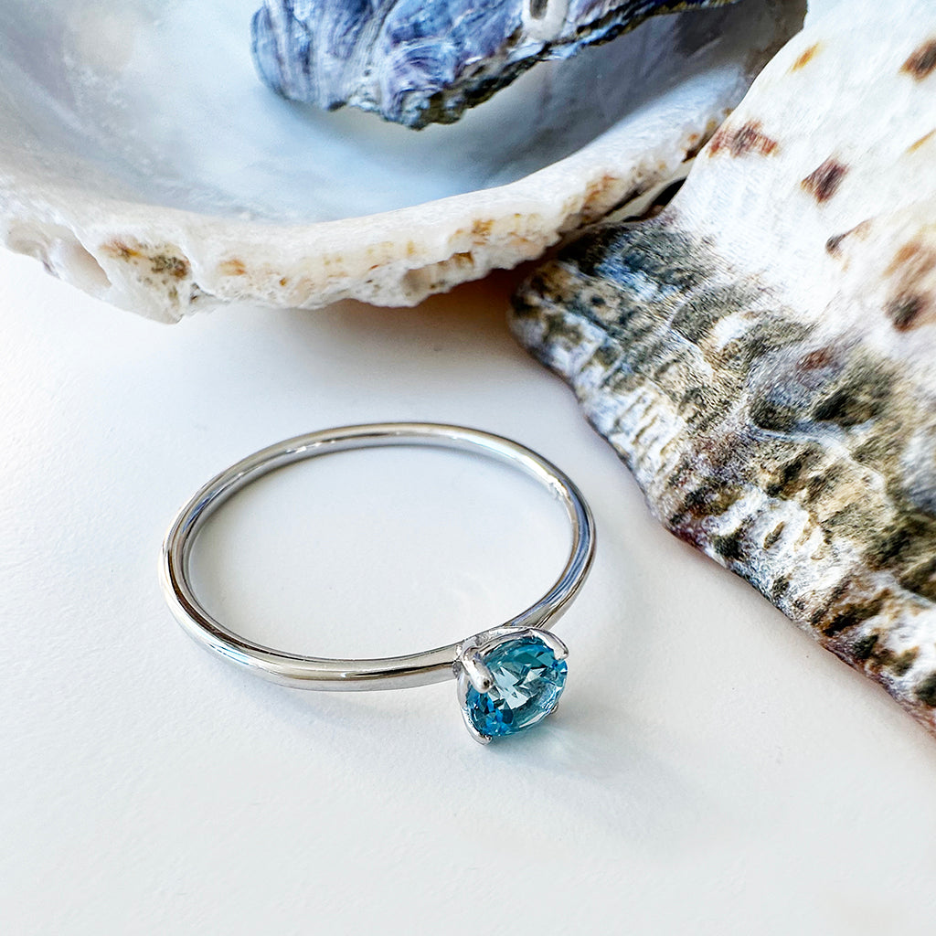 White Gold Raised Four Claw Blue Topaz Stacking Ring