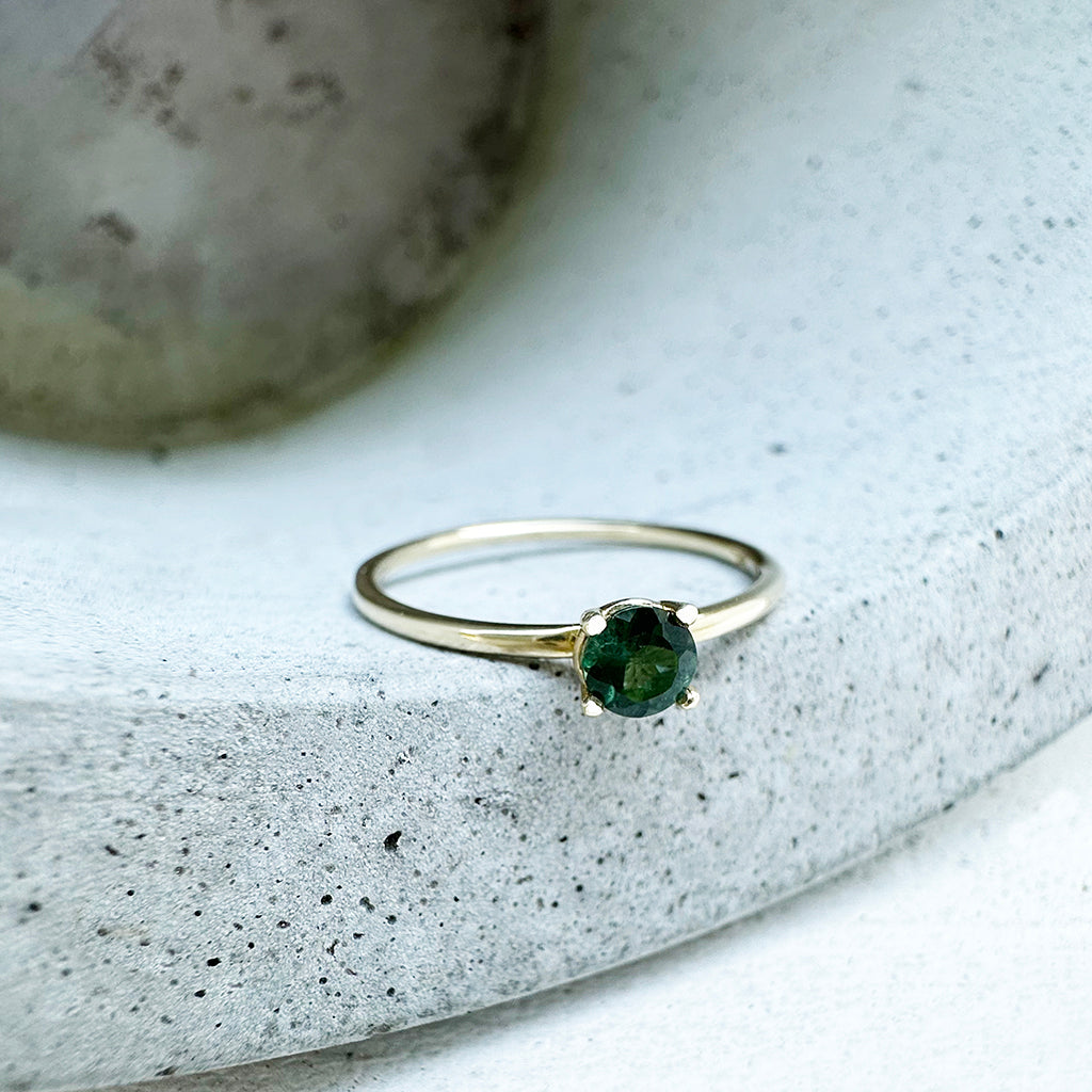 Yellow Gold Raised Four Claw Green Tourmaline Stacking Ring