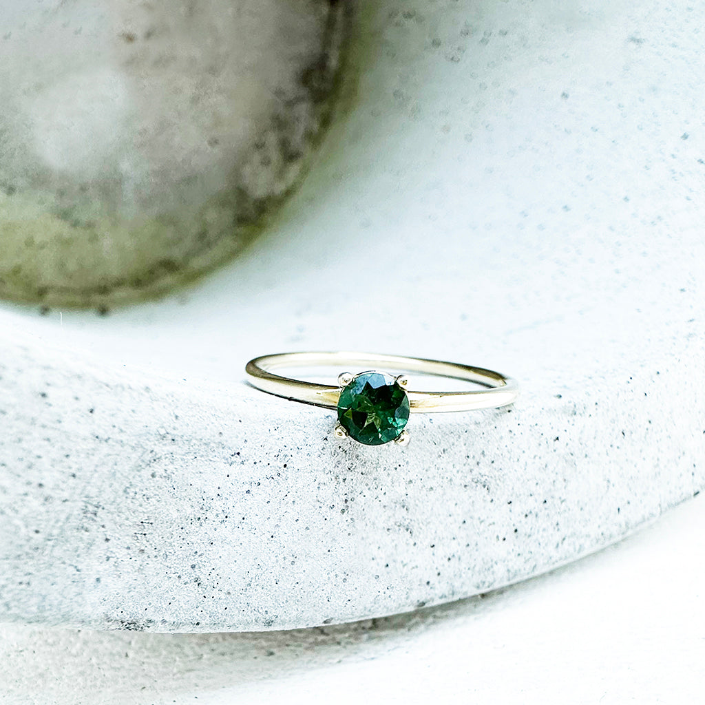 Yellow Gold Raised Four Claw Green Tourmaline Stacking Ring