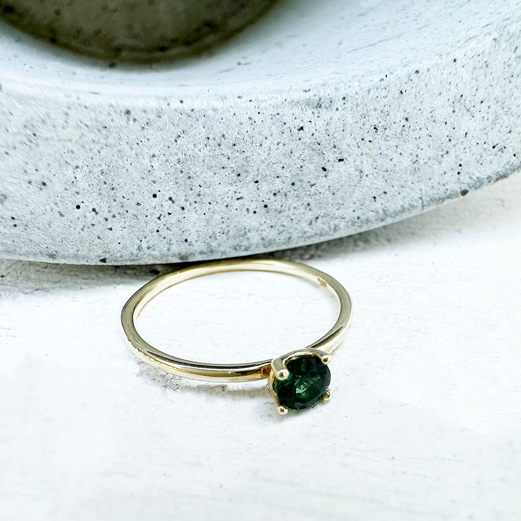 Yellow Gold Raised Four Claw Green Tourmaline Stacking Ring