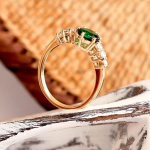 Yellow Gold Round Cut Tsavorite Ring with Six Diamond Shoulder Accent
