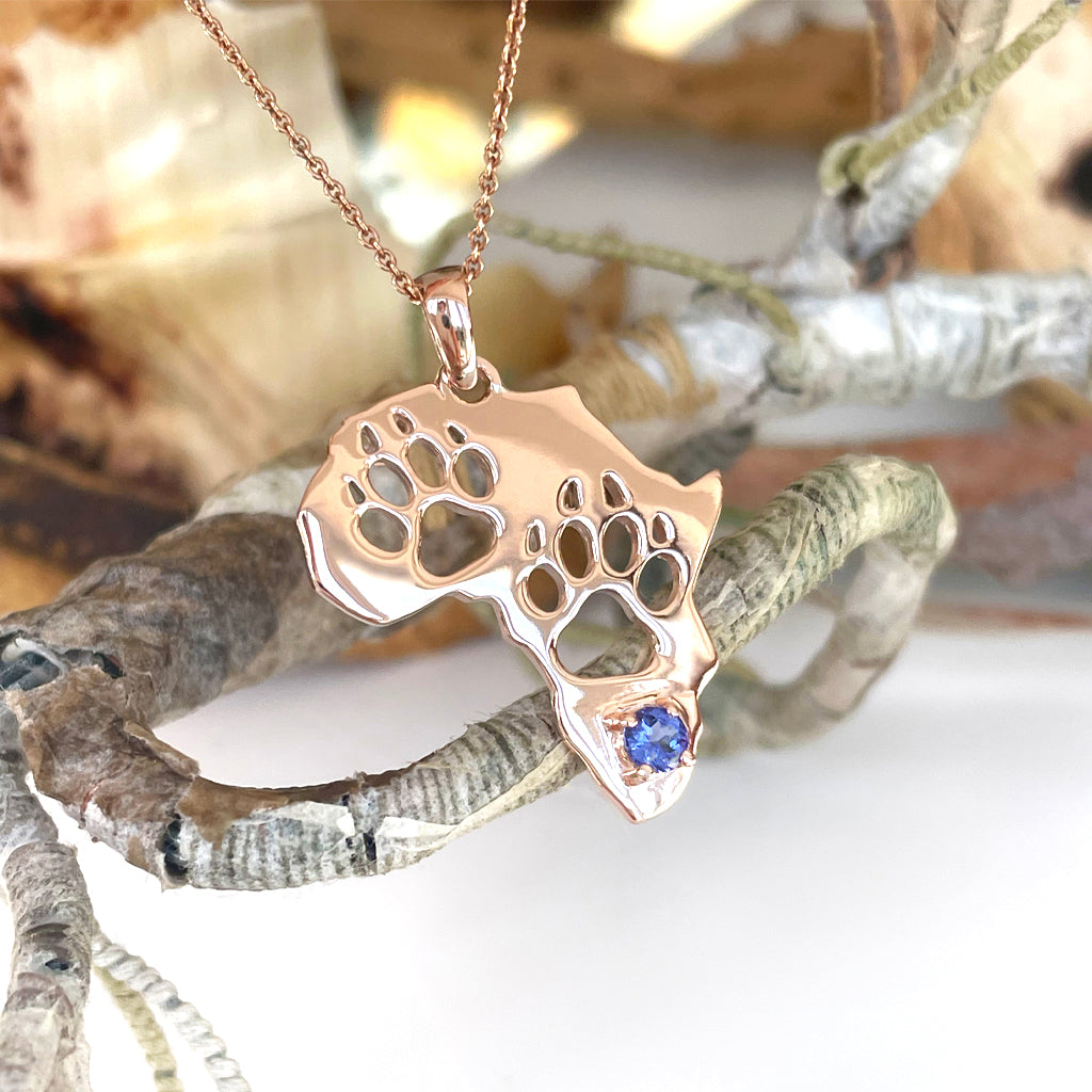 Africa Map Cut Out Paw Prints with Tanzanite in Rose Gold