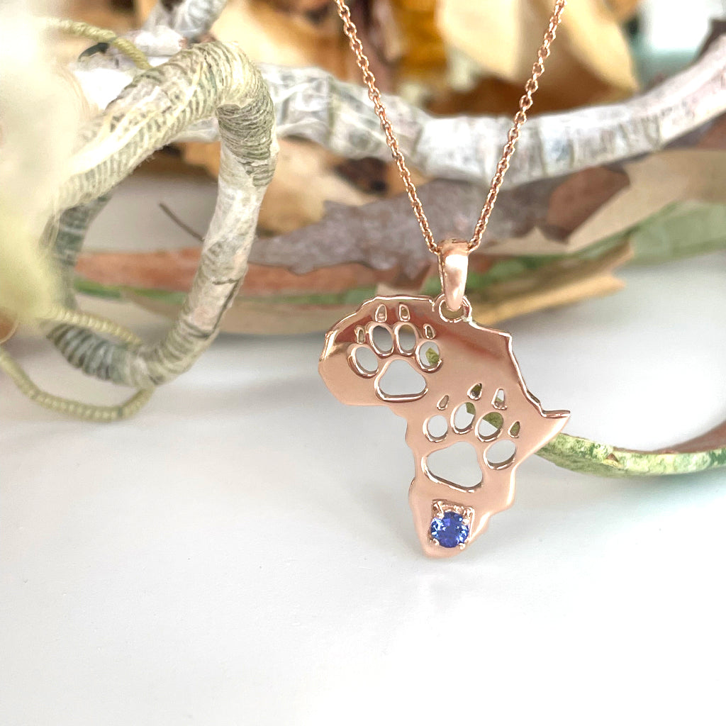 Africa Map Cut Out Paw Prints with Tanzanite in Rose Gold