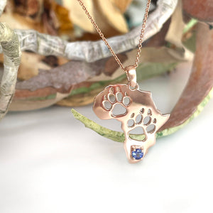 Africa Map Cut Out Paw Prints with Tanzanite in Rose Gold