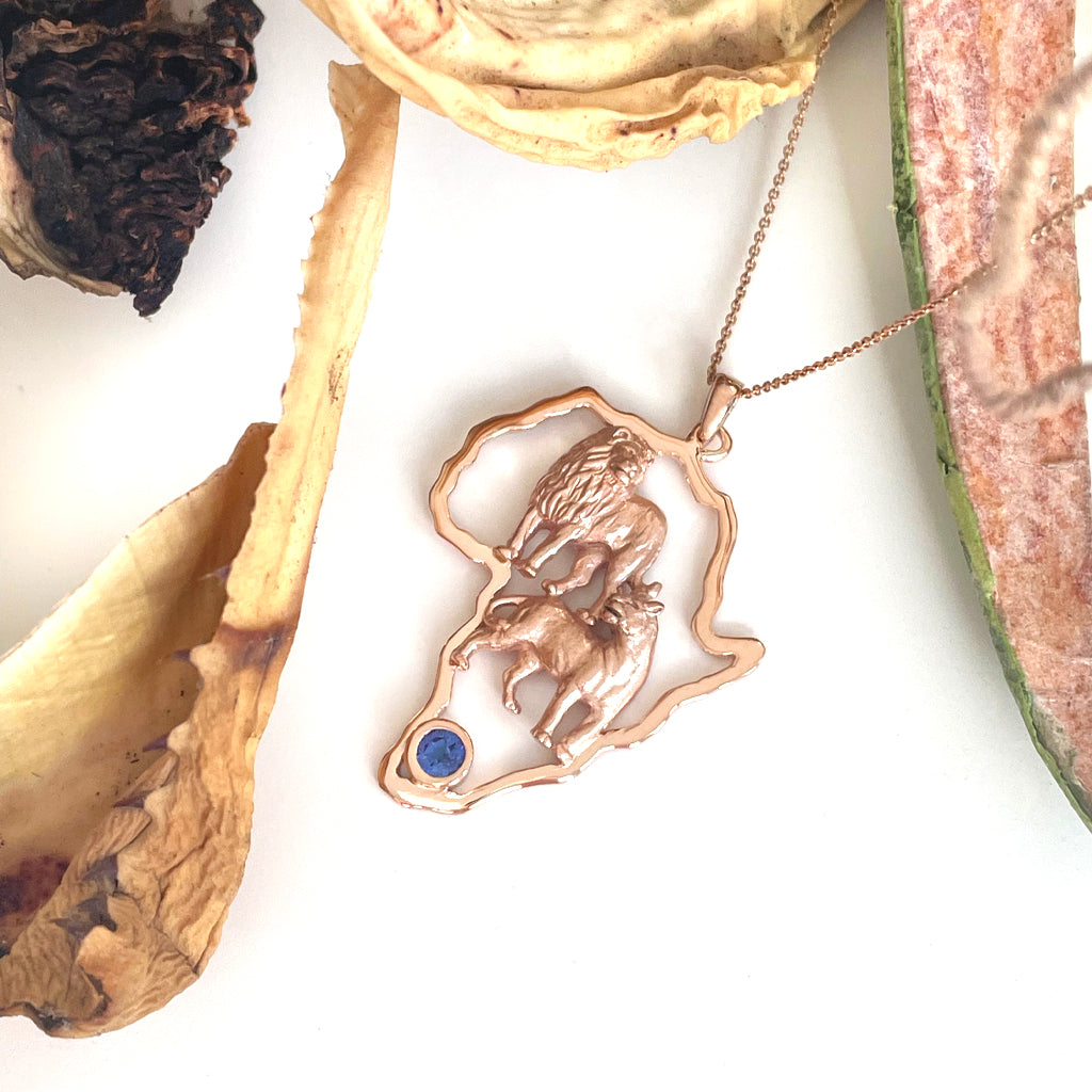 African Lion Couple with Tanzanite Accent Rose Gold Pendant