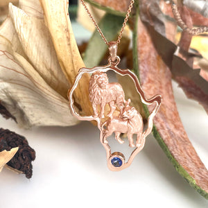 African Lion Couple with Tanzanite Accent Rose Gold Pendant