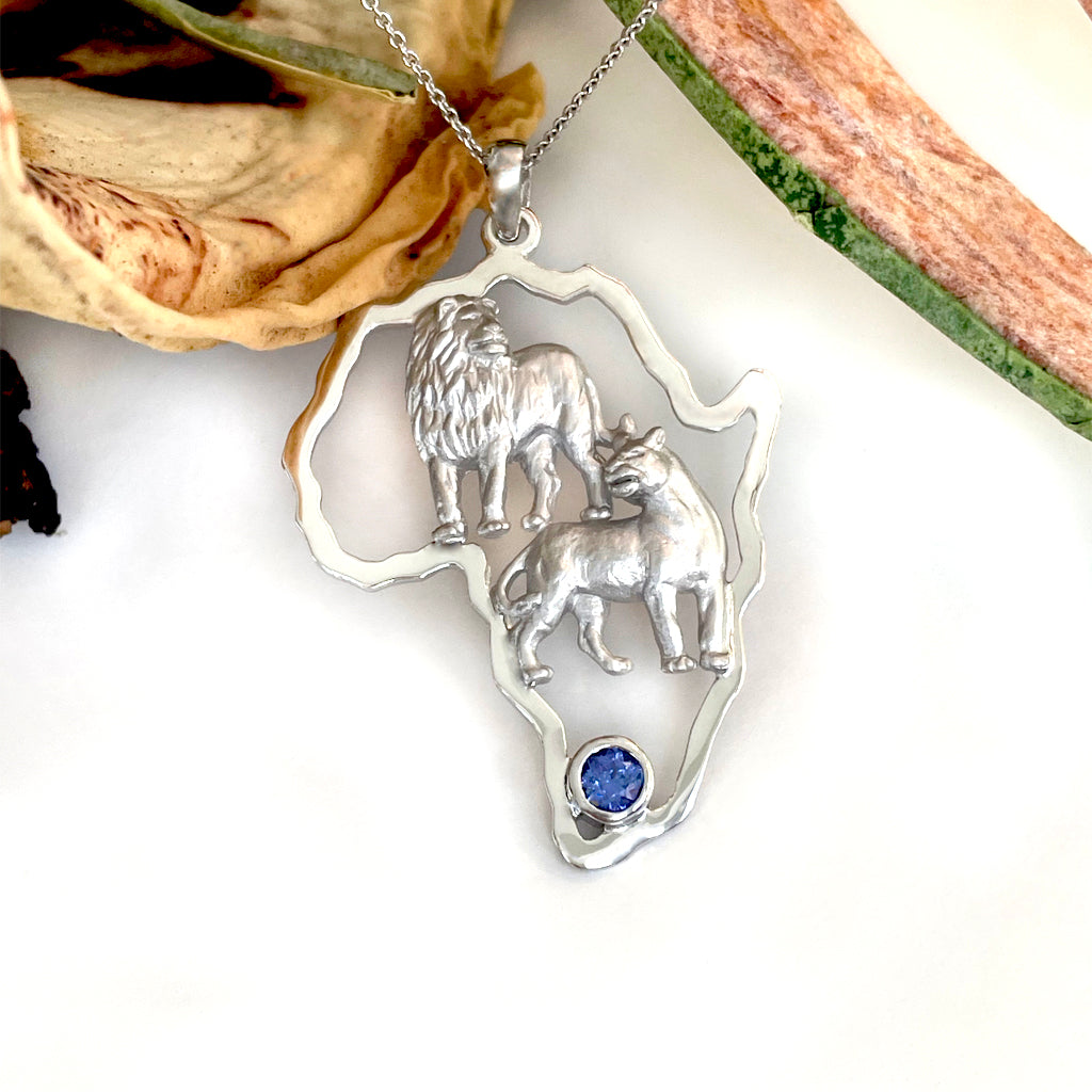 African Lion Couple with Tanzanite Accent White Gold Pendant