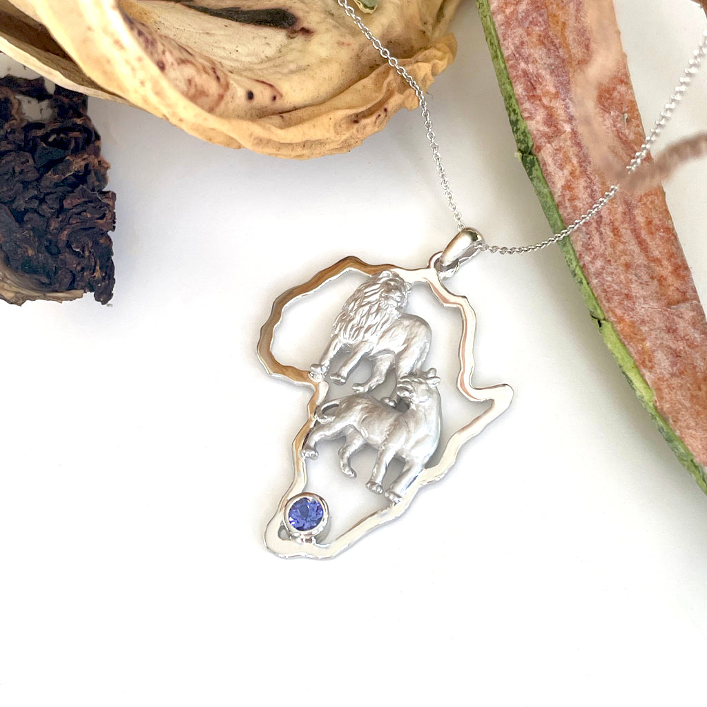 African Lion Couple with Tanzanite Accent White Gold Pendant