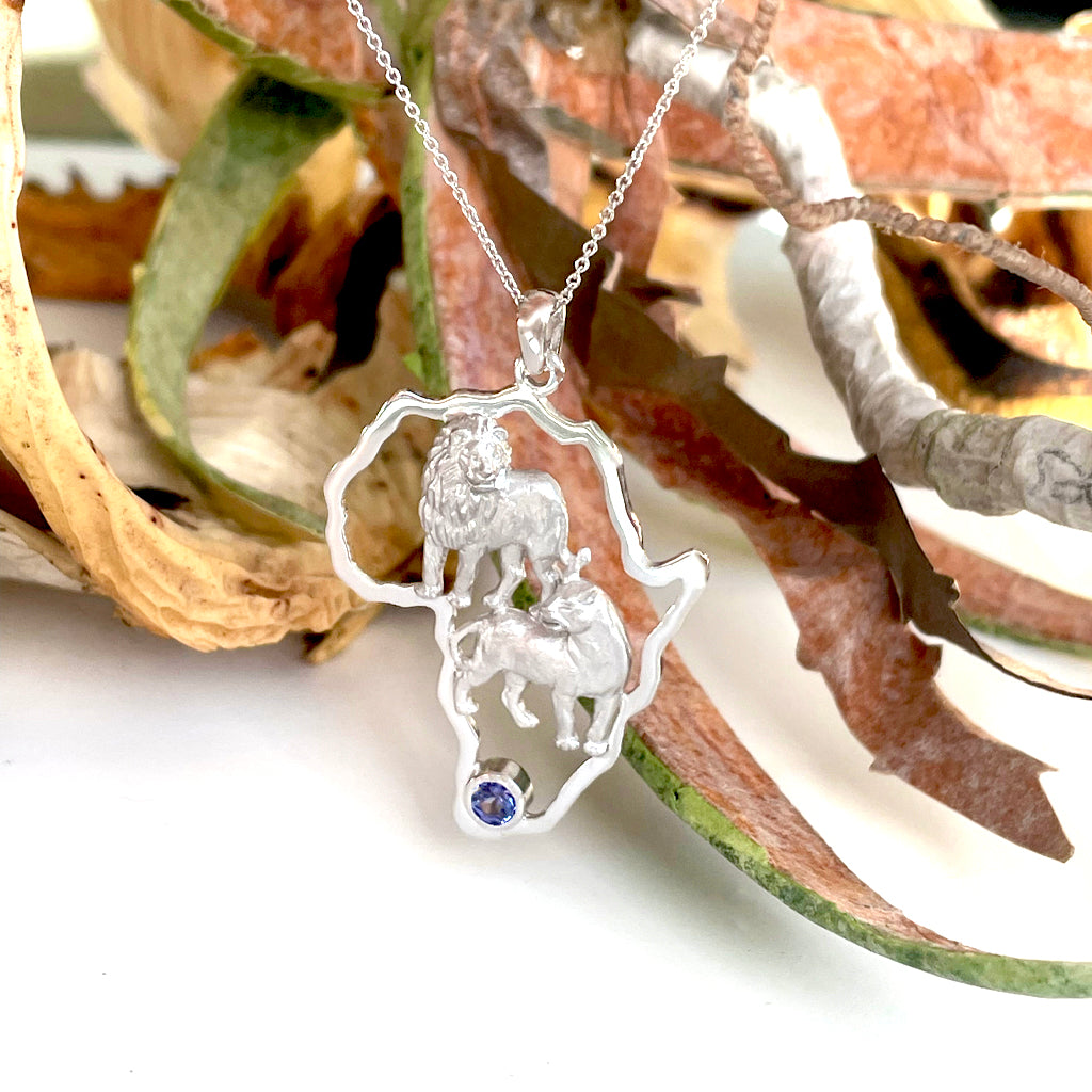 African Lion Couple with Tanzanite Accent White Gold Pendant