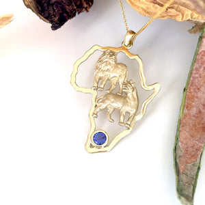 African Lion Couple with Tanzanite Accent Yellow Gold Pendant