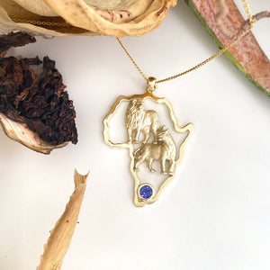 African Lion Couple with Tanzanite Accent Yellow Gold Pendant