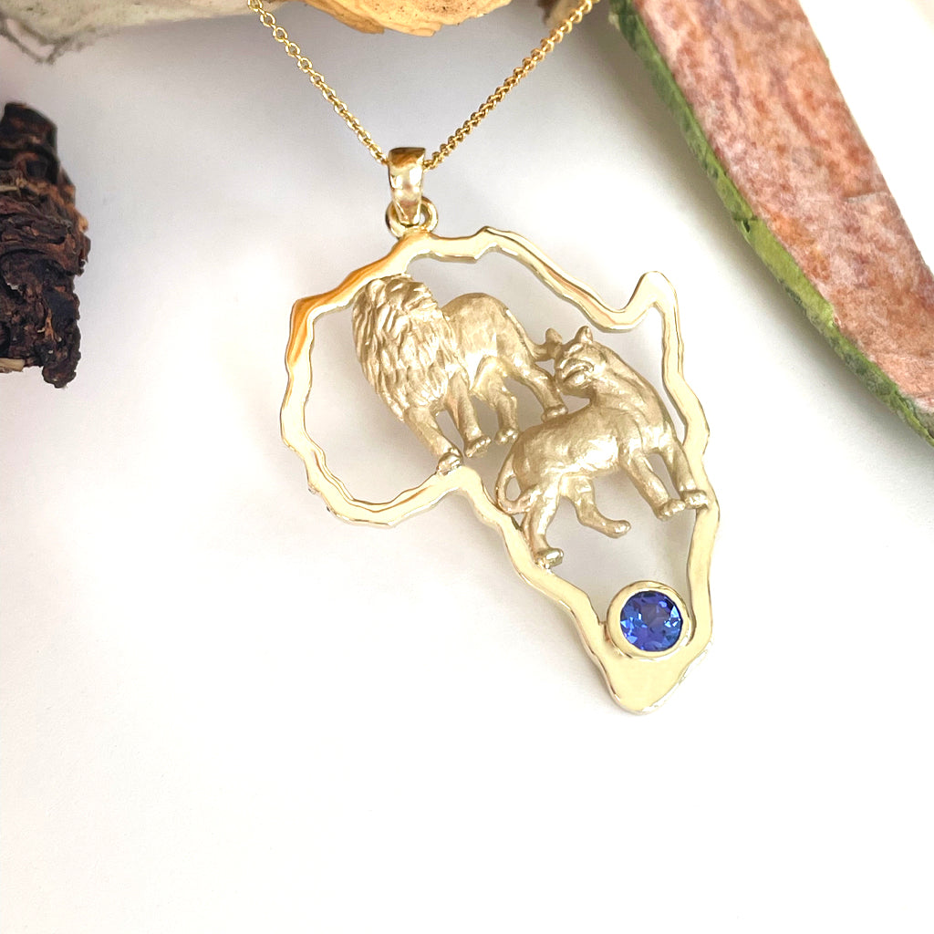 African Lion Couple with Tanzanite Accent Yellow Gold Pendant