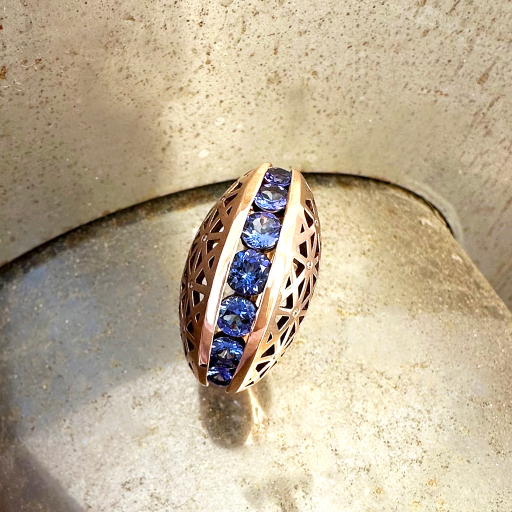 Afrogem Tanzanite And Diamond Raised Pattern Statement Ring in Rose Gold